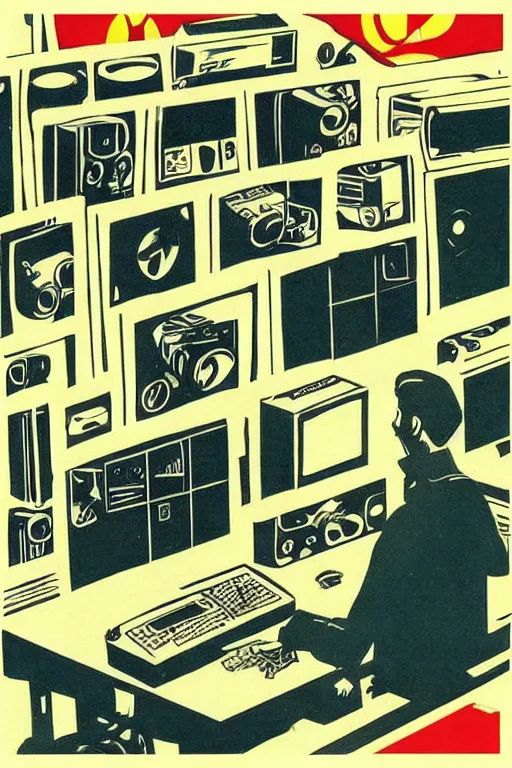 Image similar to “Room full of video production equipment. Man in front of computer. Hero! Winner! Best! Soviet propaganda poster in the style of Dmitry Moor”