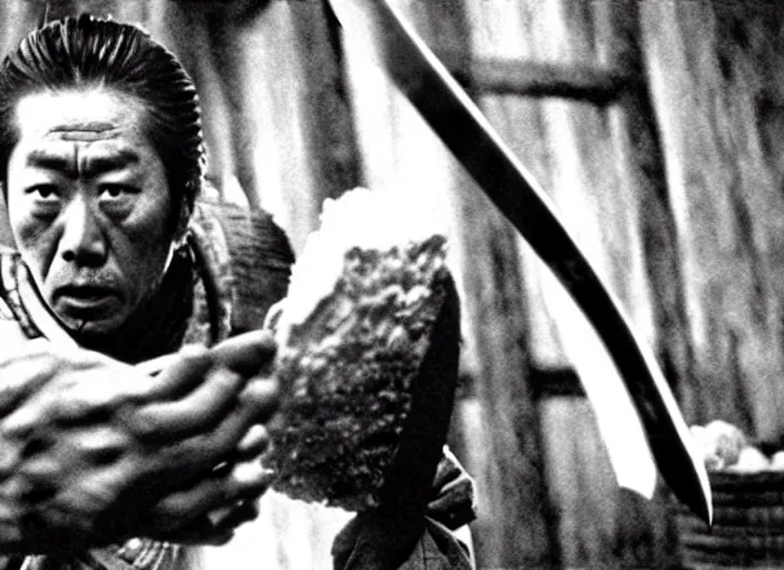 Image similar to a movie still of a samurai slicing through a loaf of bread, a movie by Akira Kurosawa