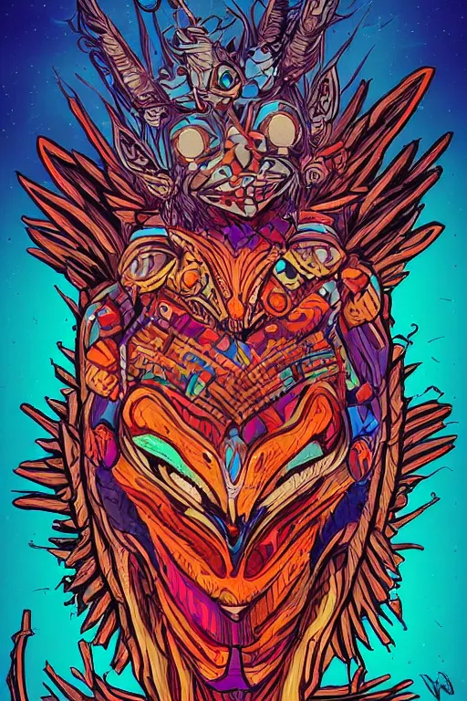 Image similar to totem animal tribal chaman vodoo mask feather gemstone plant wood rock video game illustration vivid color borderlands by josan gonzales and dan mumford radiating a glowing aura