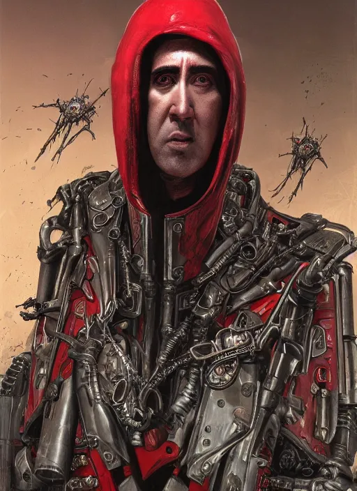 Image similar to portrait of rotten Nicolas Cage as adeptus mechanicus in red hood and robe from Warhammer 40000. Highly detailed, artstation, illustration by and John Blanche and zdislav beksinski and wayne barlowe