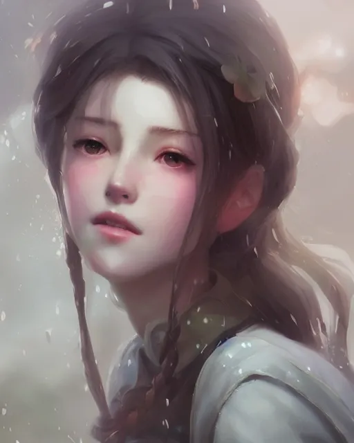 Prompt: beautiful aerith gainsborough, face centered portrait, cottagecore, confident, fog, rain, volumetric lighting, soft light particles floating near her, illustration, perfectly shaded, oft painting, art by krenz cushart and wenjun lin