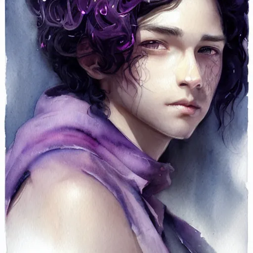 Prompt: young boy, black hair, purple eyes, gorgeous, amazing, delicate, elegant, intricate, highly detailed, watercolor, portrait, artstation, concept art, sharp focus, illustration, art by charlie bowater and Ross tran