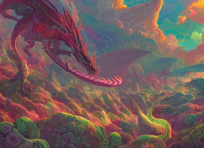 Image similar to psychedelic concept art painting of a dragon landscape made of thousands of dragons, detailed, cel shaded, in the style of makoto shinkai and moebius and peter mohrbacher and anton fadeev