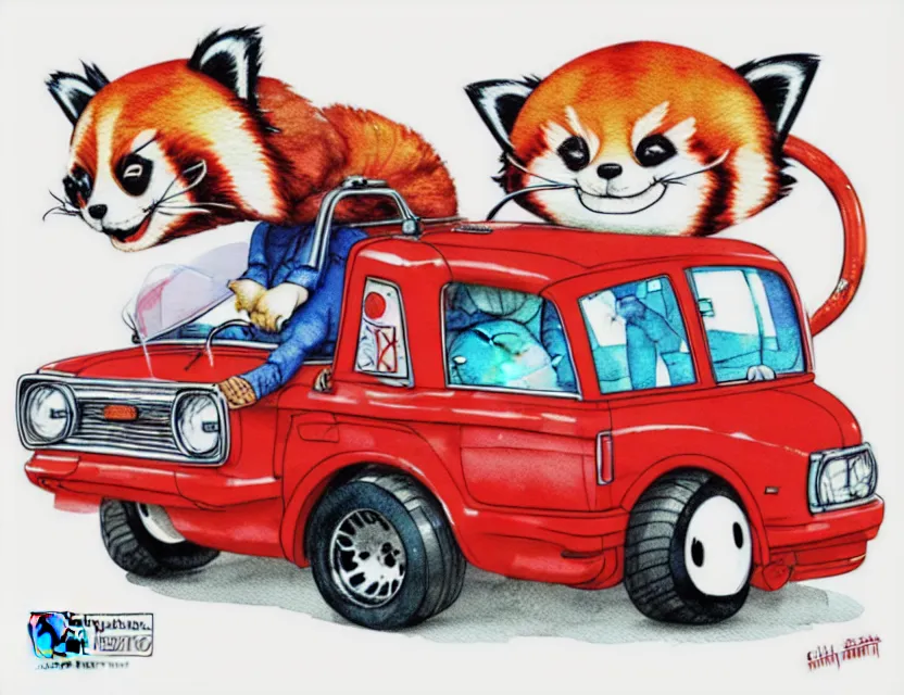 Image similar to cute and funny, red panda riding in a tiny hot rod with oversized engine, ratfink style by ed roth, centered award winning watercolor pen illustration, isometric illustration by chihiro iwasaki, edited by range murata, tiny details by artgerm and watercolor girl, symmetrically isometrically centered