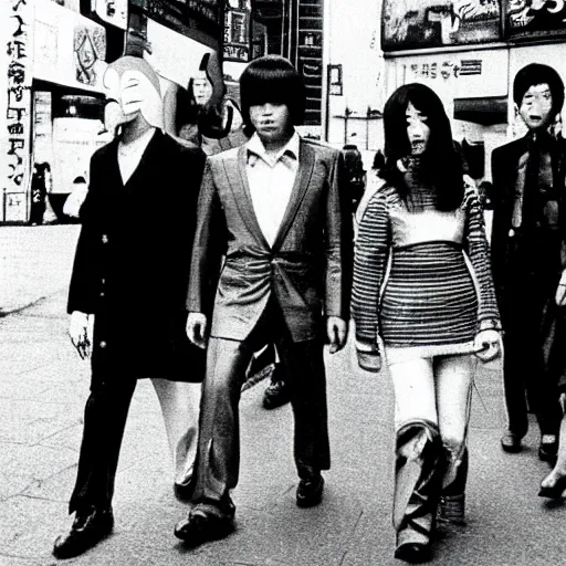 Prompt: 1 9 7 0 s japanese tv show, bw, cyborg monsters walking the streets of shinjuku,