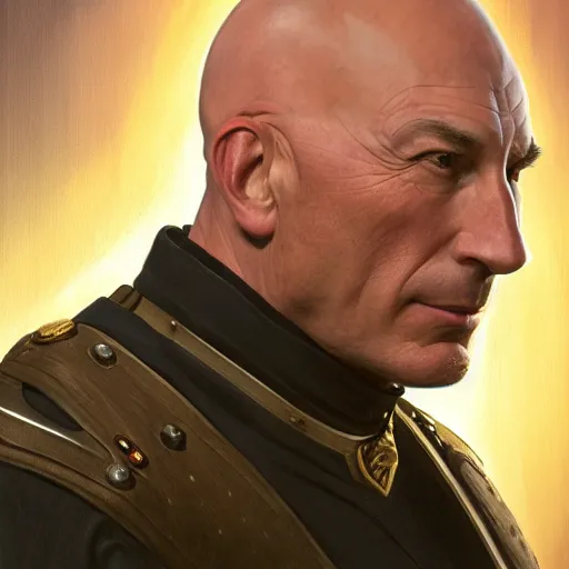 Prompt: portrait of Captain Jean-Luc Picard as Johnny Silverhand, epic, intricate, headshot, highly detailed, digital painting, artstation, concept art, sharp focus, illustration, art by artgerm and greg rutkowski and alphonse mucha