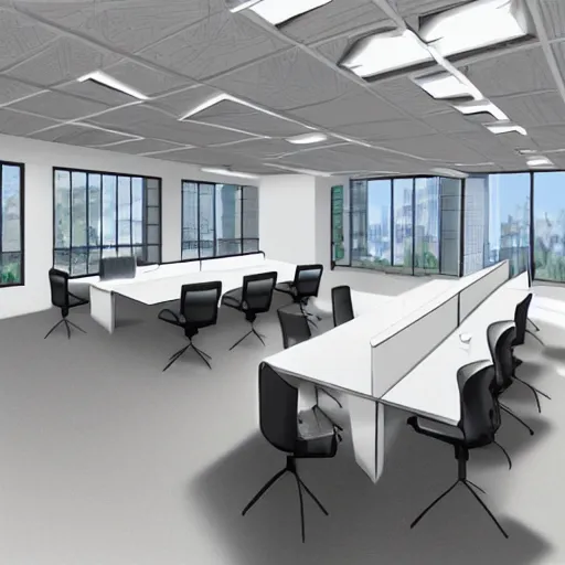 Image similar to detailed modern office space, concept art, fine art, very detailed, very realistic