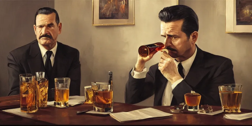 Prompt: beautiful oil matte portrait painting, mafia boss drinking whiskey at his 5 0 s new york office desk, wonderful masterpiece highly detailed, beautiful cinematic light deep focus, elegant, digital painting, smooth, sharp focus, golden ratio, dramatic illumination, ultra realistic, 8 k, art by jimmy law