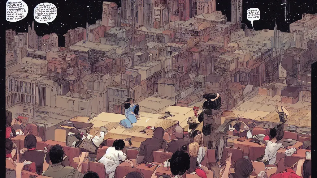 Prompt: Teaching a university class about comics to students in an irish university, sci fi illustration !!without speech bubbles!! by Feng Zhu and Loish and Laurie Greasley, Victo Ngai, Andreas Rocha, John Harris