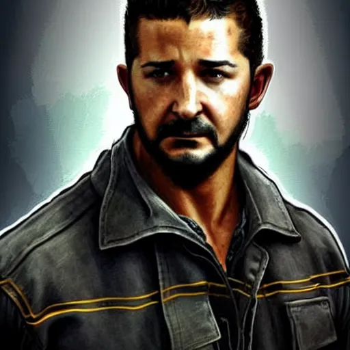 Image similar to A combination of George Eads's and Tristin Mays's and Shia LaBeouf 's faces as Aiden Caldwell character from Dying Light 2 Stay Human, western, D&D, fantasy, intricate, elegant, highly detailed, digital painting, artstation, concept art, matte, sharp focus, illustration, art by Artgerm and Greg Rutkowski and Alphonse Mucha