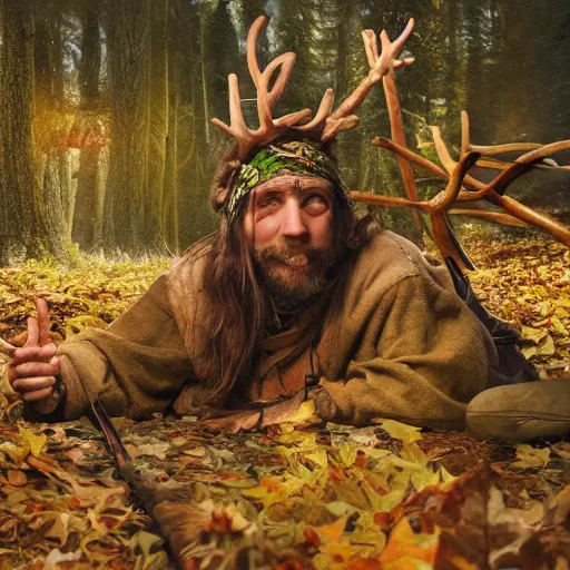 Image similar to hippie tribal hobo wearing twigs and leaves smiling sheepishly, riding tiny scuffy donkey with novelty oversized antlers, autumn forest, highly detailed, dramatic lighting, night time, cinematic, hyperrealistic, detailed, movie still from game of thrones