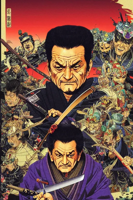 Image similar to poster of joe pesci as a samurai, by yoichi hatakenaka, masamune shirow, josan gonzales and dan mumford, ayami kojima, takato yamamoto, barclay shaw, karol bak, yukito kishiro