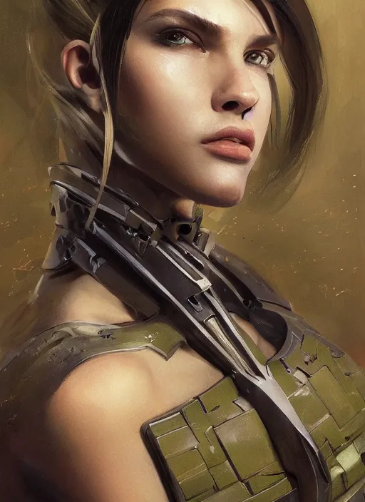 Image similar to a professional painting of a beautiful young female, clothed in military armor, olive skin, long dark hair, beautiful bone structure, symmetrical facial features, intricate, elegant, digital painting, concept art, smooth, sharp focus, illustration, from Metal Gear, by Ruan Jia and Mandy Jurgens and Artgerm and William-Adolphe Bouguerea