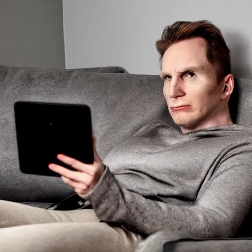 Image similar to Voldemort watching a twitch stream in a sofa, photoshoot