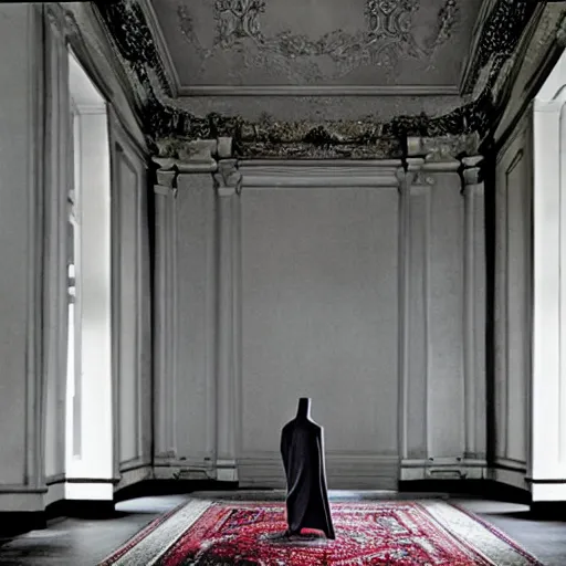 Image similar to Batman standing in giant Italian modern castle living room, clean minimalist design, that is 1300 feet tall, with very tall giant walls filled with modern art paintings, doors that are cosmic portals, photo by Annie Leibovitz