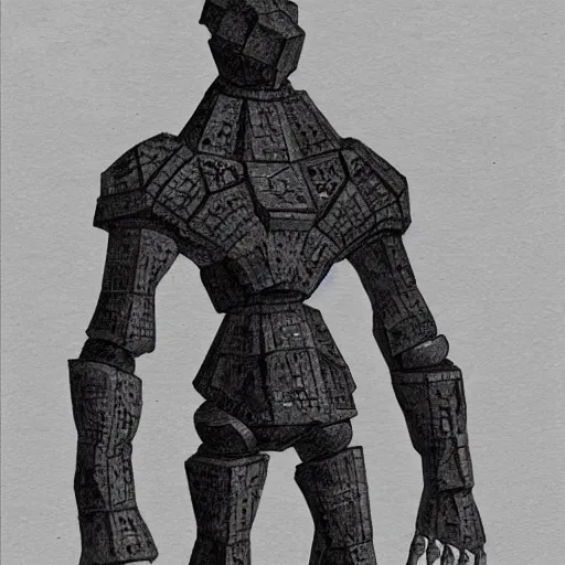 Image similar to Golem made from iron and a head shaped like a 4 sided dice. Dark Fantasy, mork borg ,concept art