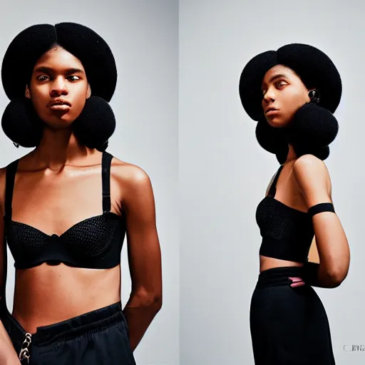 Prompt: realistic photoshooting for a new balenciaga lookbook color film photography portrait of a beautiful woman model, model wears a black chenille intarsia bra, photo in style of tyler mitchell