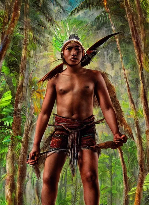Prompt: a young indigenous amazon man about to go through a rite of passage, matte painting, ayahuasca, fantasy art