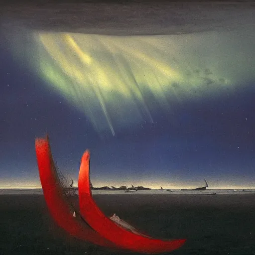 Image similar to the epic abstract painting'blue arctic void with black and red aurora borealis above a pod of humpback whales ', by caspar david friedrich!!!, by rothko!!!, stunning masterpiece, trending on artstation