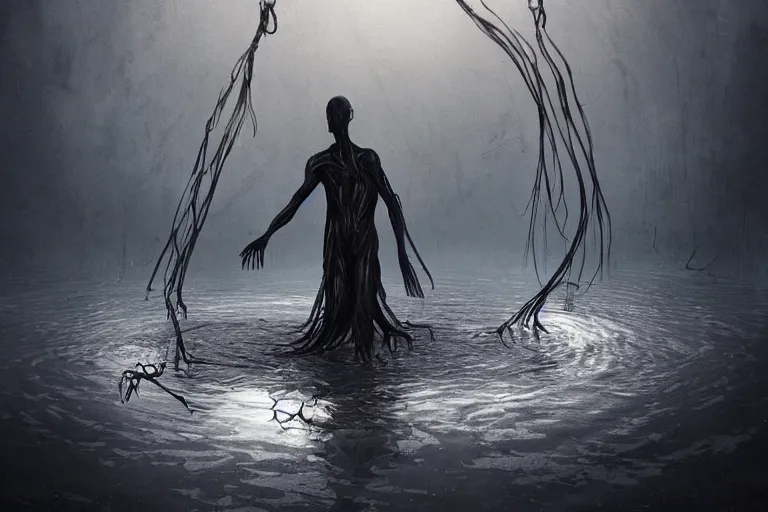 Image similar to a creepy drowned man crawling out of the water, strings of black goo hanging from his arms, very long arms, extremely long fingers, standing in shallow water, drowned, unsettling, creepy, artstation, cgsociety