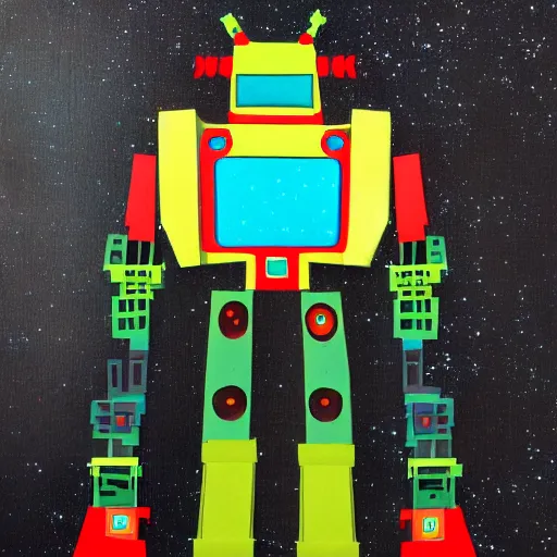 Image similar to giant robot made of trapper keeper artwork