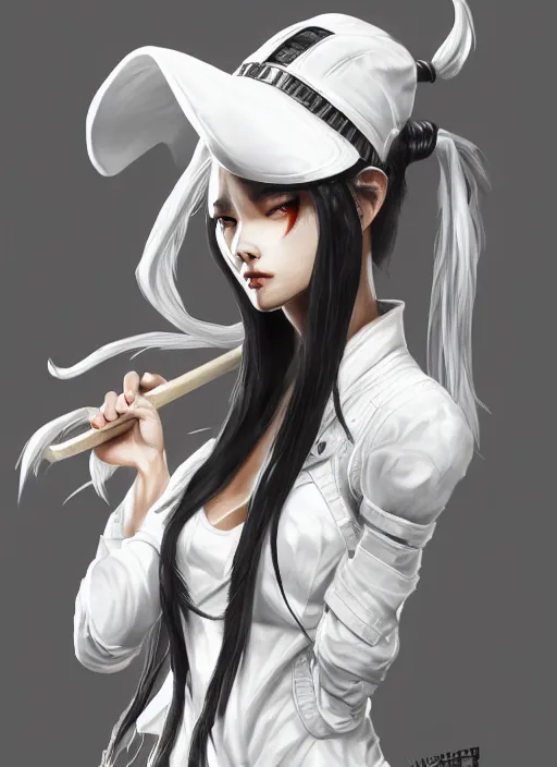 Prompt: a highly detailed illustration of fierce tall amazon messy ponytail black haired one armed delinquent japanese woman wearing uniform white cap wearing long white jacket with cape, muscular, intricate, elegant, highly detailed, centered, digital painting, artstation, concept art, smooth, sharp focus, league of legends concept art, wlop.