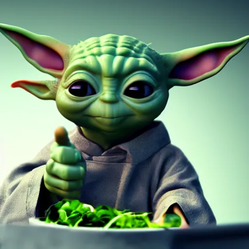 Prompt: curious innocent tiny baby yoda as chef wearing white chefs hat and white apron and giving thumbs up, vegetables, photography, hyperrealism, unreal engine, octane 3 d render, houdini, unity 3 d, highres, adobe premier pro, trending on artstation, trending on deviantart