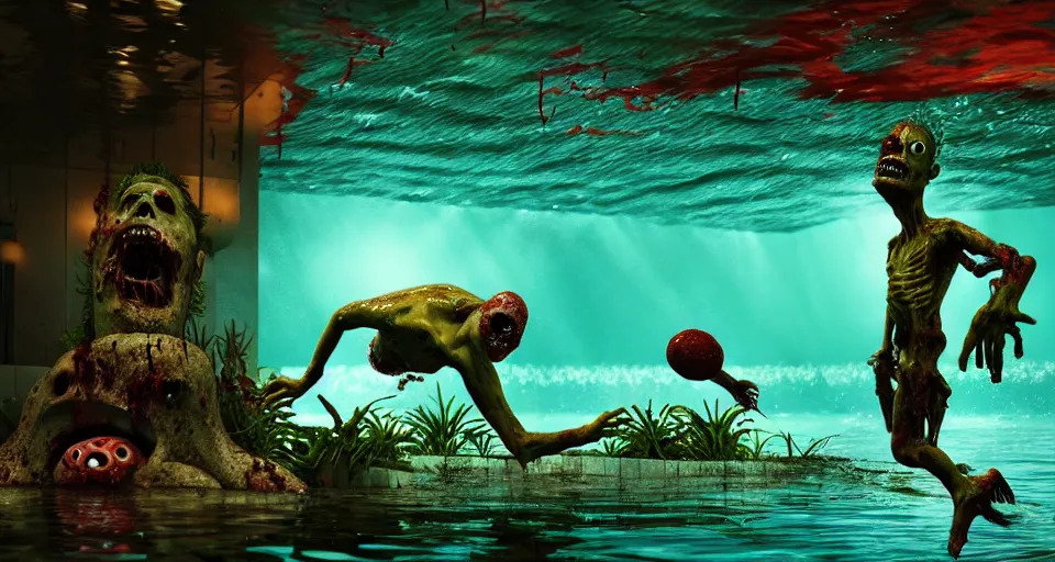 Image similar to highly detailed full body portrait of a zombie swimming underwater in a zombie - apocalypse, in a swimming pool, style of plants vs zombies, octane render