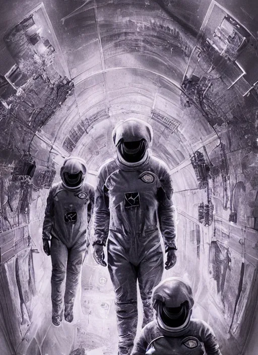 Image similar to astronauts in dark and empty void underwater - complex and hyperdetailed technical suit. reflection and dispersion materials. rays and dispersion of light. volumetric light. 5 0 mm, f / 3 2. noise film photo. flash photography. ultra realistic, wide angle. poster by wayne barlowe, hajime sorayama aaron horkey, craig mullins