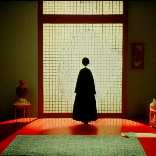 Image similar to woman in traditional hanbok waiting in living room while the shadow of a giant Kaiju-eiga starfish is behind the screen window, 35mm film still, monochrome Wes Anderson and Fritz Lang