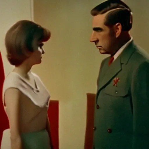 Prompt: still from a masterpiece 1 9 6 0 s french color art film, very beautiful and elegant girl with large eyebrows with an angry expression while talking to a man, moody lighting, viewed from afar, cinematic shot, they're dressed like communists, red palette