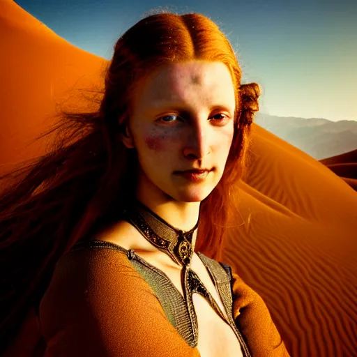 Image similar to photographic portrait of a stunningly beautiful middle ages renaissance female in strong sunlight in the atacama desert, contemporary fashion shoot, by edward robert hughes, annie leibovitz and steve mccurry, david lazar, jimmy nelsson, breathtaking, 8 k resolution, extremely detailed, beautiful, establishing shot, artistic, hyperrealistic, beautiful face, octane render