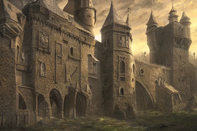 Image similar to A medieval castle, texture, intricate, details, highly detailed, masterpiece, architecture, building, trending on artstation, focus, sharp focus, concept art, digital painting, fantasy, sunny, day, midday