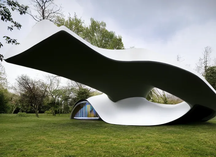 Prompt: architectural photo of a doghouse designed by zaha hadid