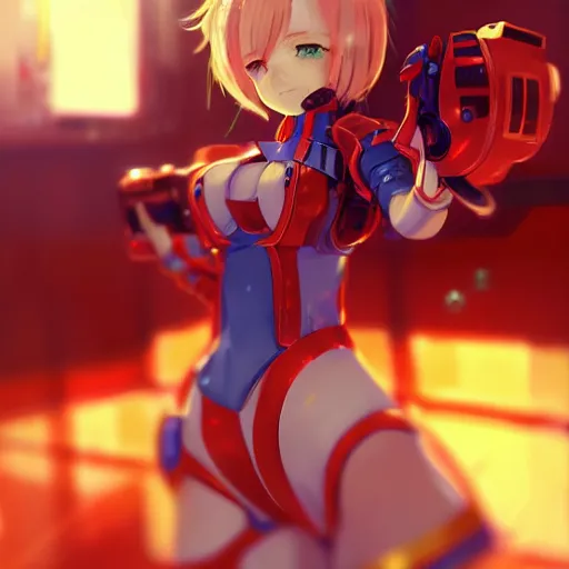 Image similar to digital anime art, very small cute girl standing on a large table, red mech arms and red mech legs, blue watery eyes!!!, short