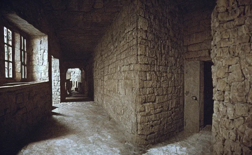 Image similar to inside a medieval dungeon prison in the shining by stanley kubrick, shot by 35mm film color photography