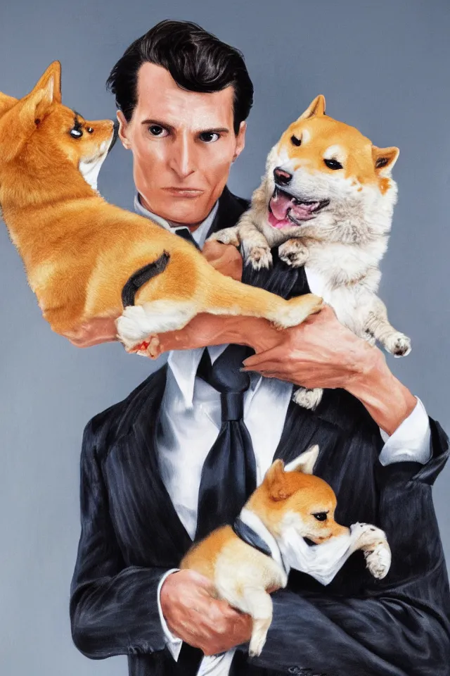 Prompt: a highly detailed portrait of patrick bateman from american psycho holding a shiba inu in his arms, hyperrealistic, highly detailed, 8 k, canon 2 4 mm f / 1. 4 lens,