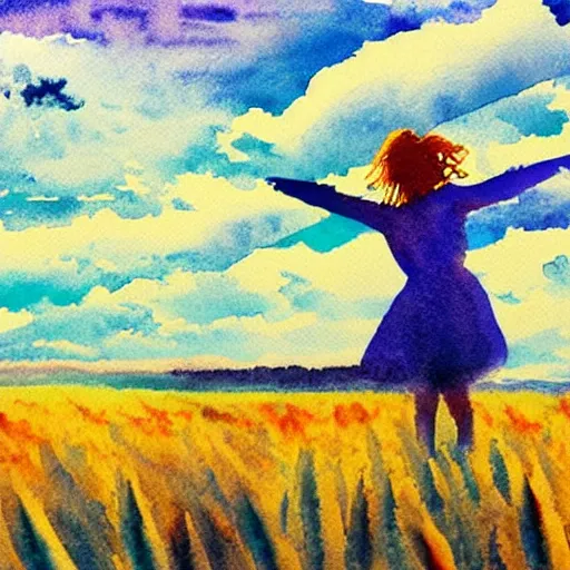 Image similar to silhouette of a girl in a field of wheat, colorful clouds in the sky, watercolor