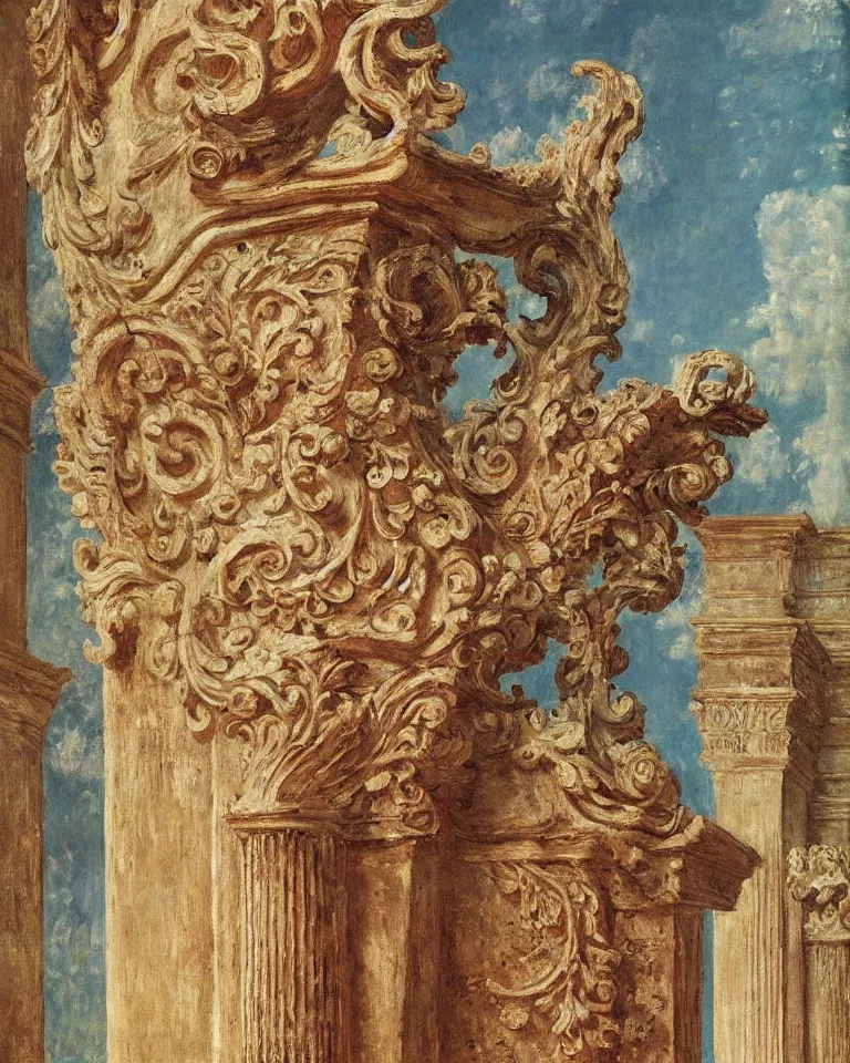 Image similar to achingly beautiful painting of intricate ancient roman corinthian capital on coral background by rene magritte, monet, and turner. giovanni battista piranesi.