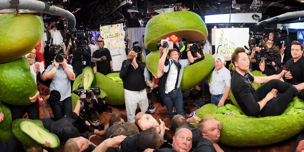 Image similar to elon musk inside of a giant avacado, realistic, cinematic photogtaphy, fruit celebrity, avacado dream, elon musk dresms of sitting inside of avacados, avacado chairs, avacado halloween costumes, in a boxing ring, photography