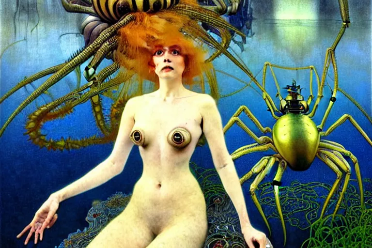 Image similar to realistic extremely detailed portrait painting of a fully dressed woman with a giant spider, futuristic sci-fi landscape on background by John Bauer, Amano, Yves Tanguy, Alphonse Mucha, Ernst Haeckel, Edward Robert Hughes, Roger Dean, rich moody colours, blue eyes