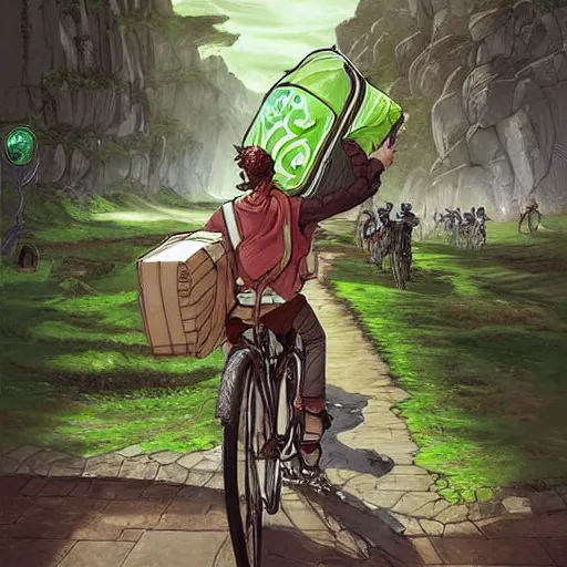 Image similar to a bicycle food delivery worker with a green bag on his back in Portugal, hearthstone art style, epic fantasy style art by kim jung gi, fantasy epic digital art