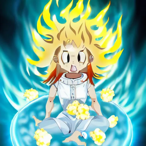 Image similar to fluffy popcorn hit by lightning, elemental spirit, in the style of a manga character, with a smiling face and flames for hair, sitting on a lotus flower, white background, simple, clean composition, symmetrical