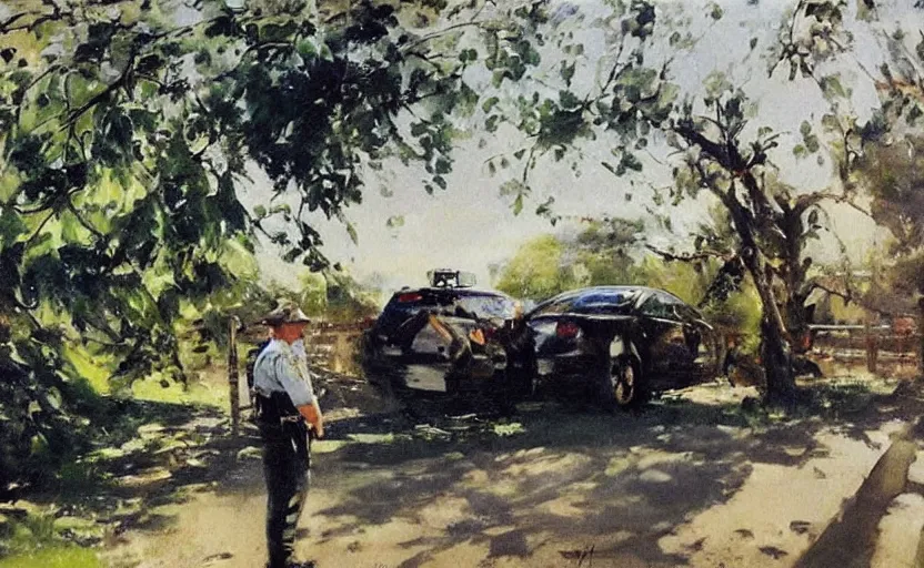 Image similar to oil painting lanscape by anders zorn, nature, fruit trees, very very very very beautiful art, dramatic light, police car closeup, arrest by angry police
