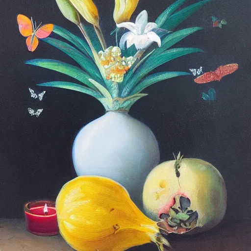 Prompt: still life painting bowl of pomegranate and pineapple with lilies and butterflies, smoking candle