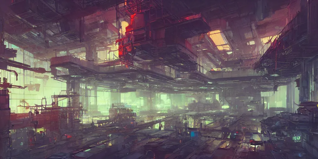 Prompt: concept art of a cyberpunk factory filled with drone workers, grimy, gritty, blade runner 2 0 4 9, trending on artstation, award winning painting, cgi, art by john berkey and anton fadeev and john howe and simon stalenhag