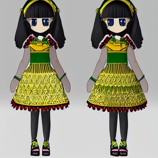 Image similar to cute fumo plush of a girl in a green and gold tribal patterned dress, stylized material bssrdf, cel shading, vray, anime girl