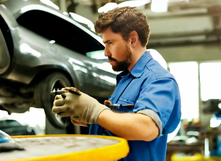 Image similar to film still of a hamster working as a mechanic in an auto shop, 8 k