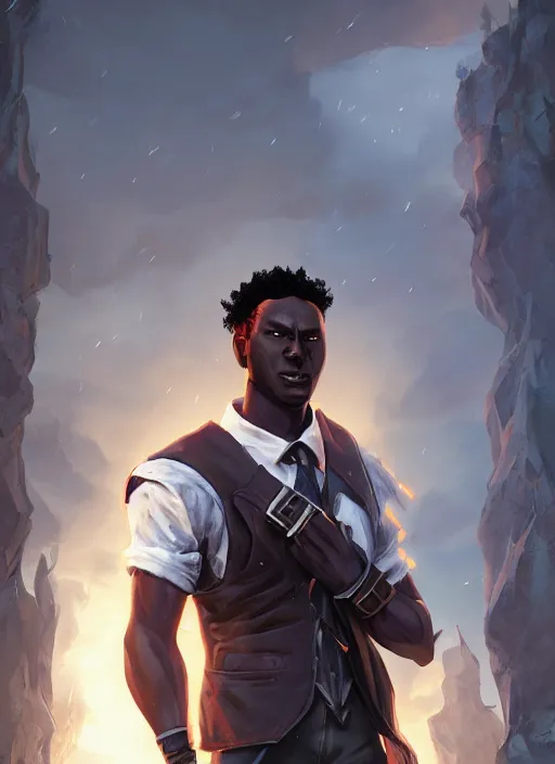 Image similar to An epic fantasy comic book style portrait painting of a young dark skinned thief with broad shoulders and a bald head in a vest, unreal 5, DAZ, hyperrealistic, octane render, cosplay, RPG portrait, dynamic lighting