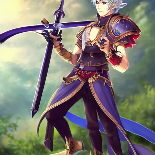 Prompt: Fire Emblem Landis holding a mana sword, trending on artstation, beautiful lighting, highly detailed